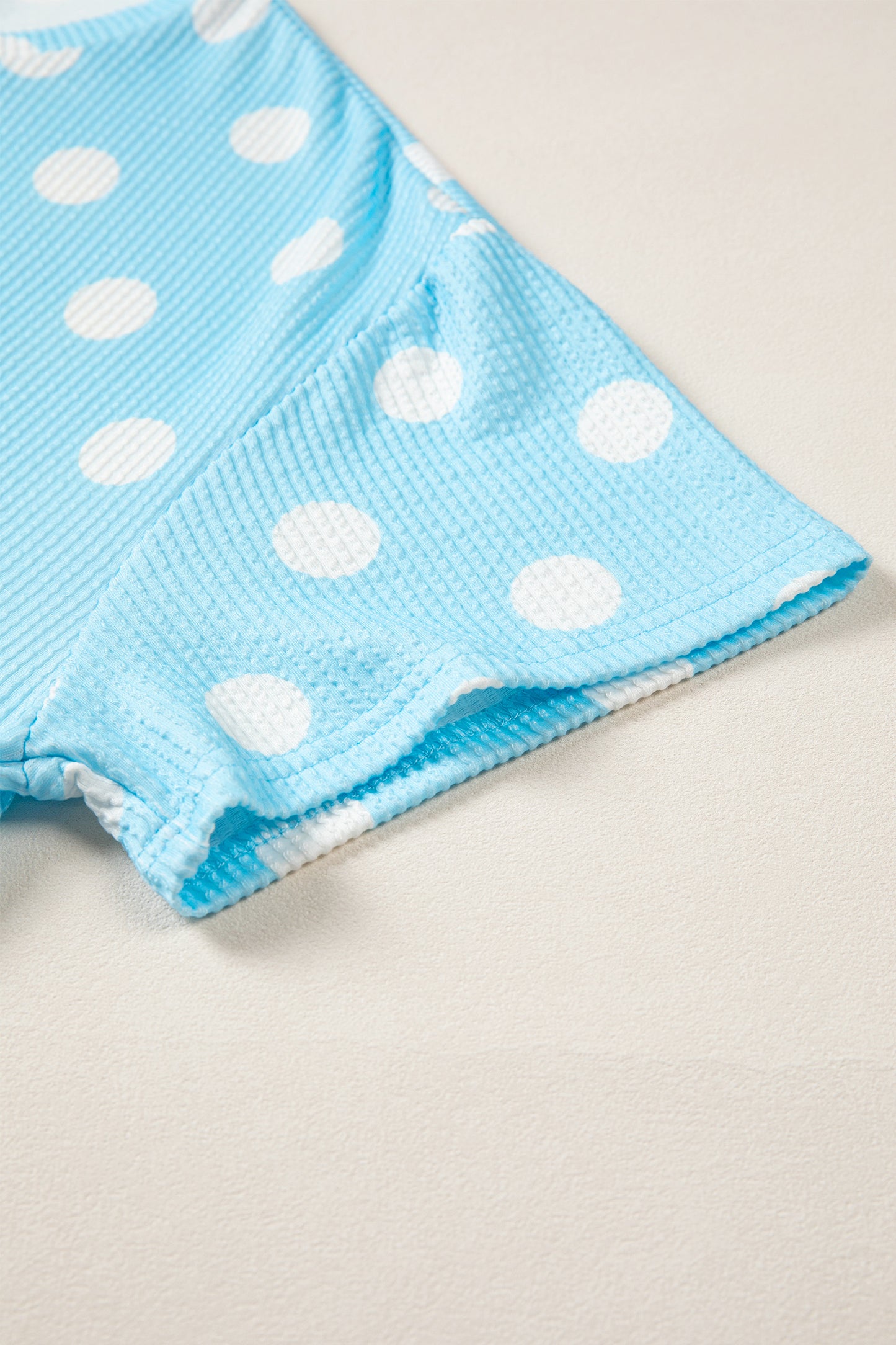 Sky Blue Polka Dot Round Neck Drop Shoulder Patch Pocket Jacquard Texture Top