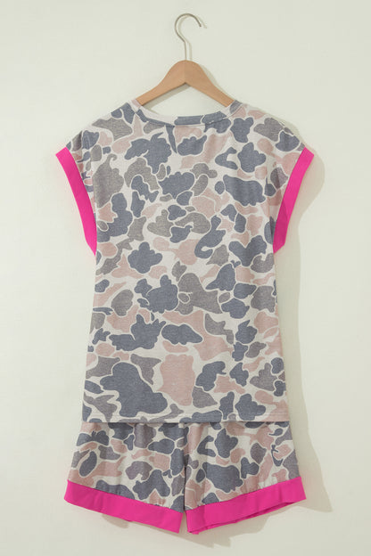 Multicolour Camouflage Contrast Trim Loose Tank Shorts Set