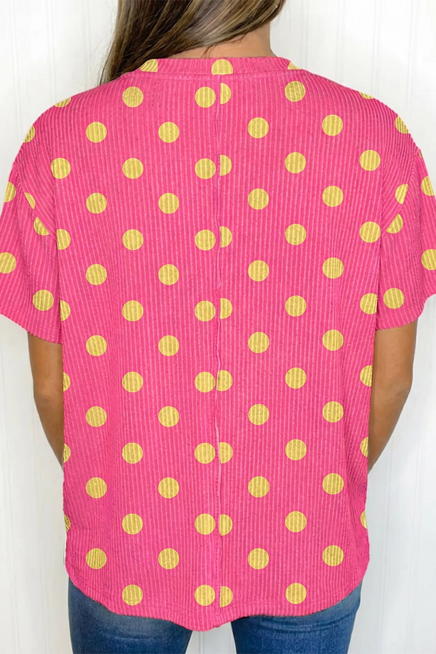 Pink Polka Dot Round Neck Drop Shoulder Patch Pocket Jacquard Texture Top