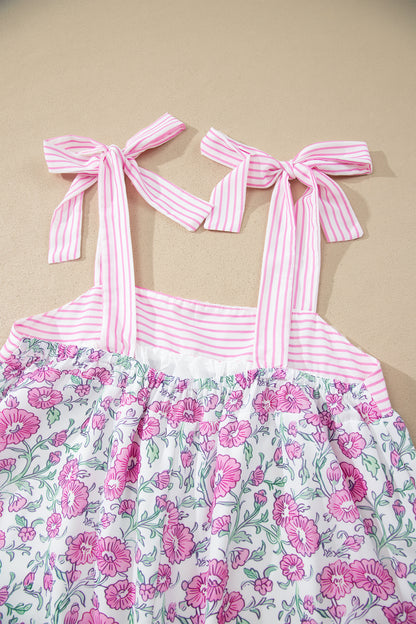 Pink Floral Print Striped Patchwork Bow Knot Straps Mini Dress