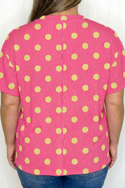 Pink Twisted Rib Polka Dot Print Plus Size T Shirt