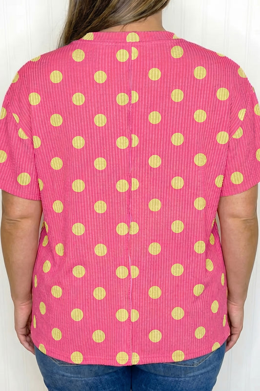 Pink Twisted Rib Polka Dot Print Plus Size T Shirt