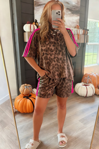Brown Contrast Striped Accent Leopard Short Set