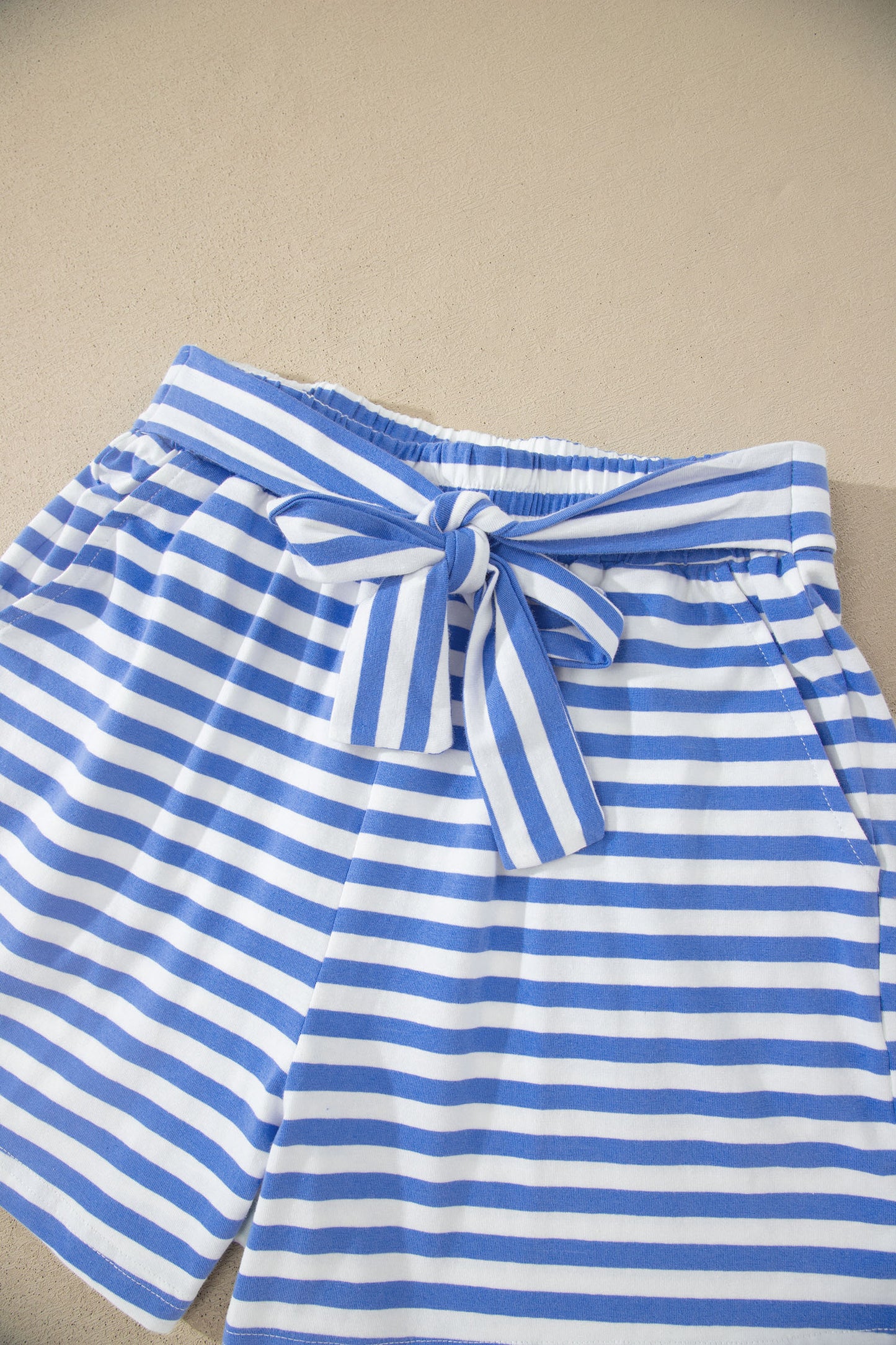 Sky Blue Stripe Contrast Trim Crew Neck Tee Knot Shorts 2pcs Set