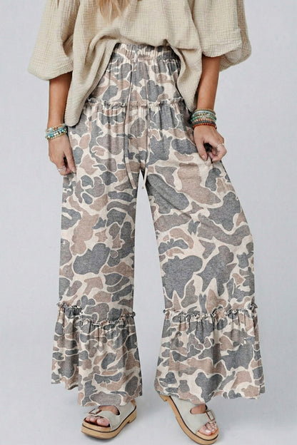 Brown Camo Print Wide Leg Casual Pants