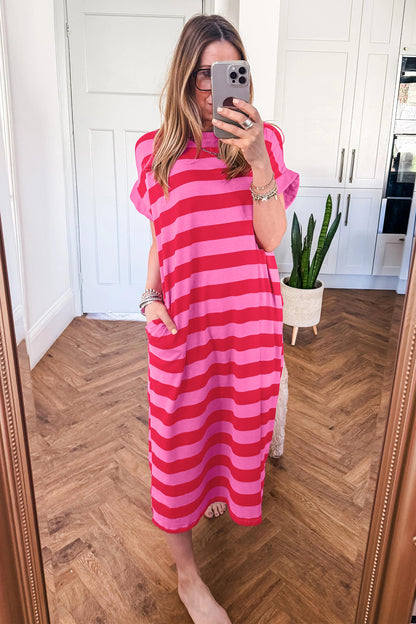 Rose Stripe Cuffed Short Sleeve Pocketed Casual T Shirt Long Dress