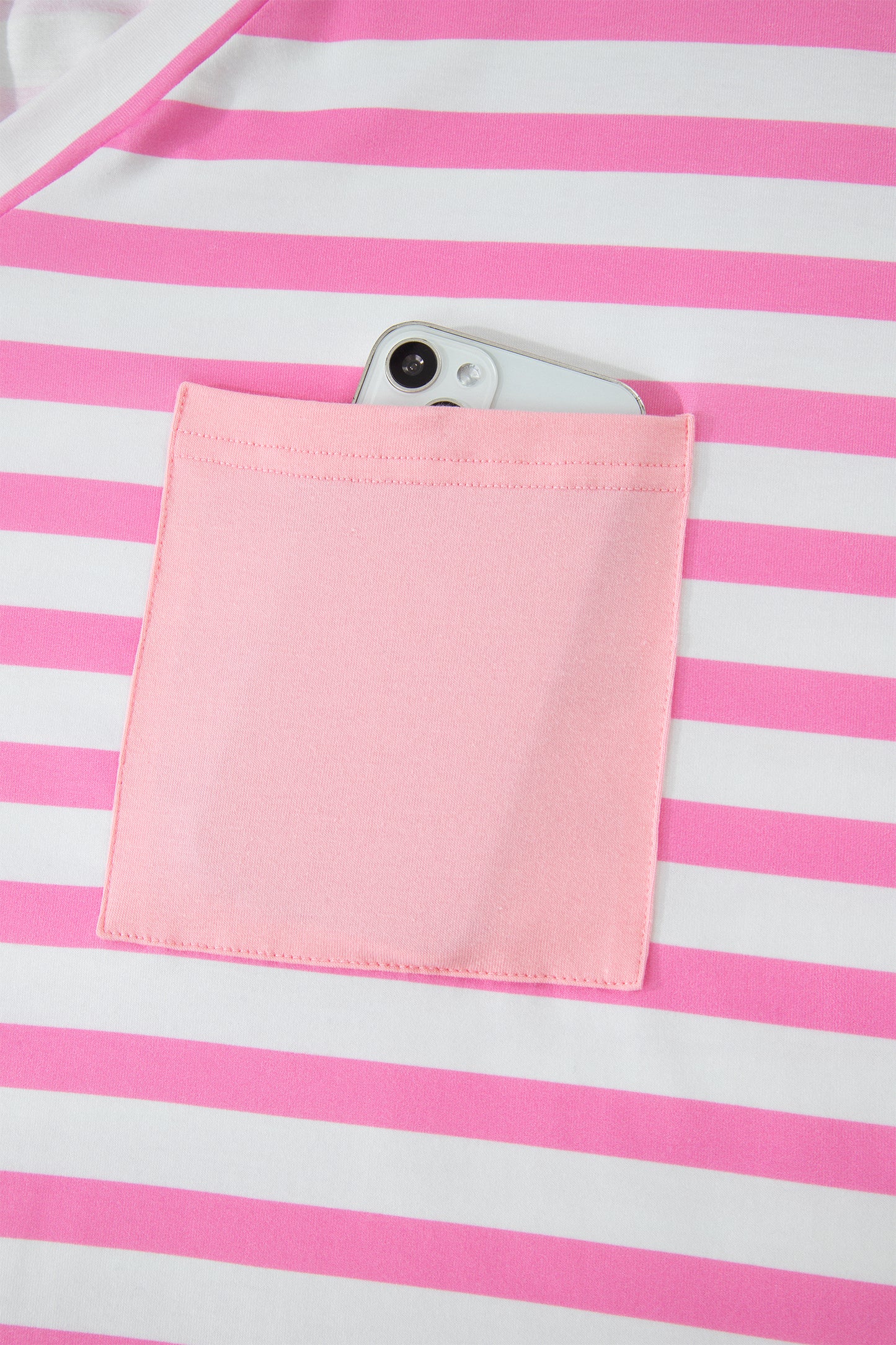 Pink Stripe Colorblock Patched Pocket V Neck Plus Size Tee