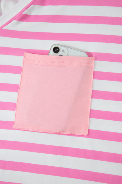 Pink Stripe Colorblock Patched Pocket V Neck Plus Size Tee
