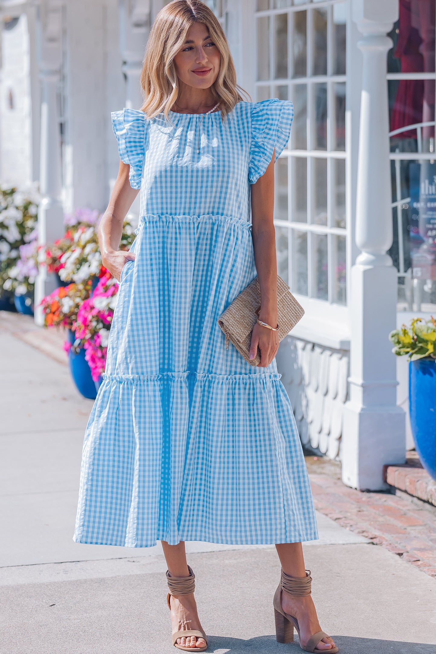 Sky Blue Knot Back Ruffled Short Sleeve Gingham Maxi Dress