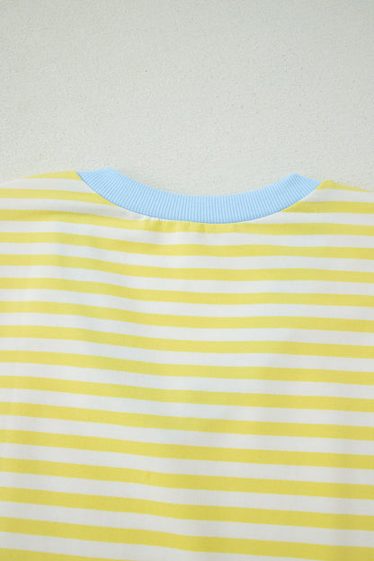 Yellow Stripe Colorblock Trim V Neck Tee Drawstring Elastic Waist Short Set