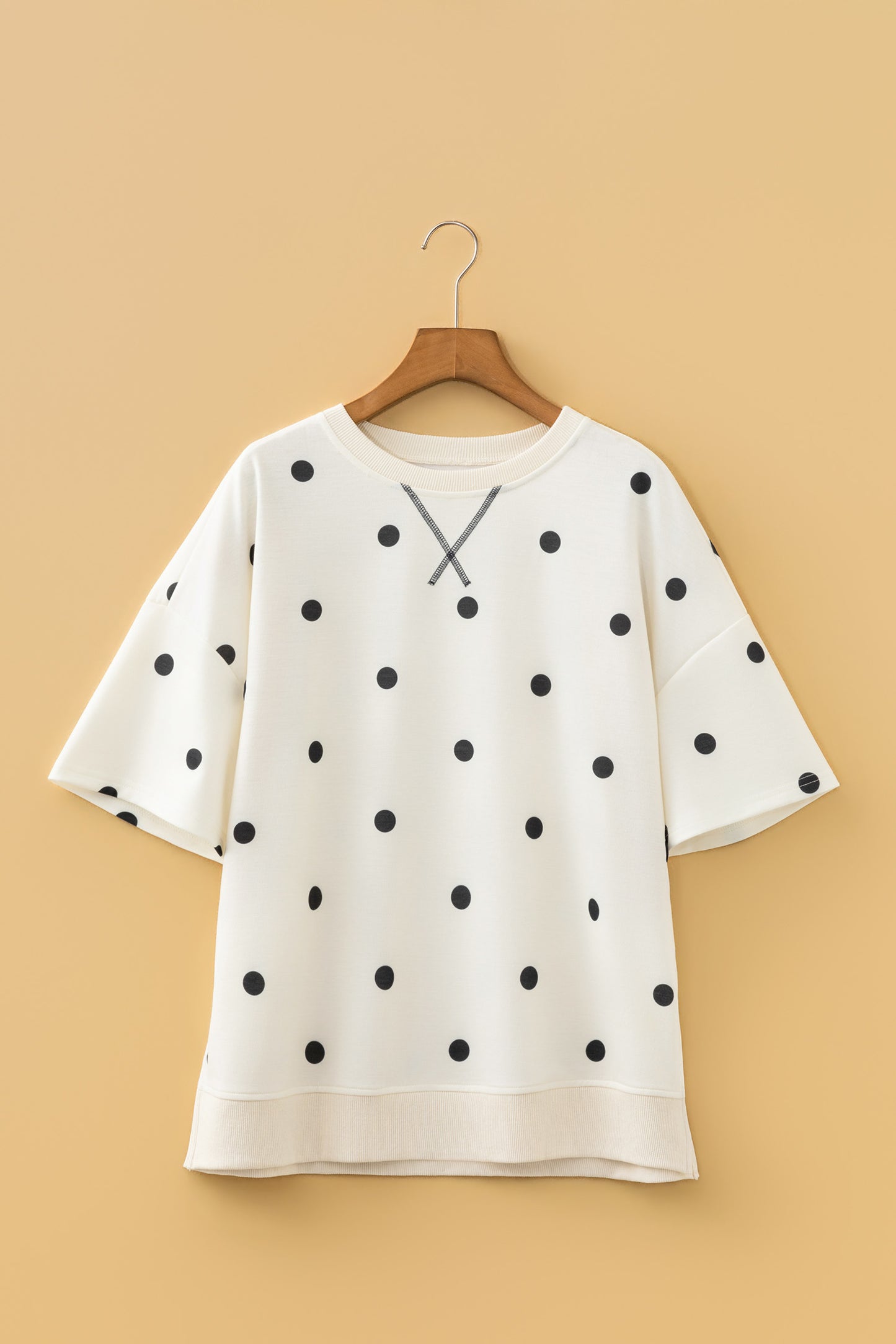 Beige Polka Dot Print Crossed Seam Detail Oversize Tee
