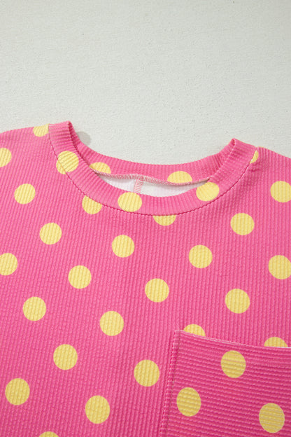 Pink Twisted Rib Polka Dot Print Plus Size T Shirt