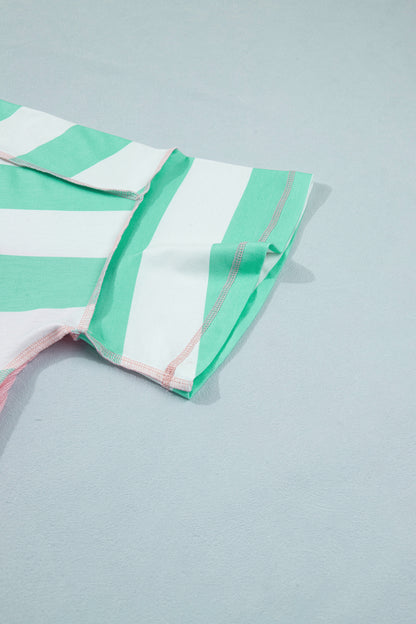 Green Stripe Exposed Seam Ribbed Patchwork Oversized Tee