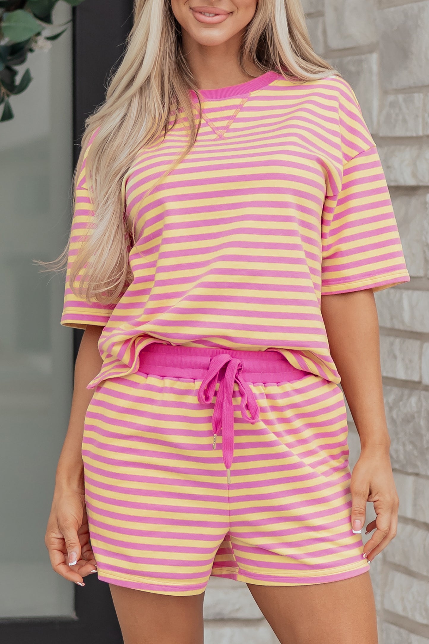 Rose Stripe Drop Shoulder Boxy Casual Terry Short Set