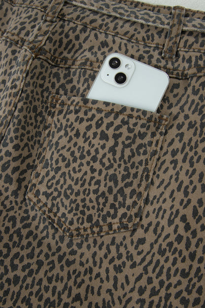 Black Leopard Print Loose Denim Shorts