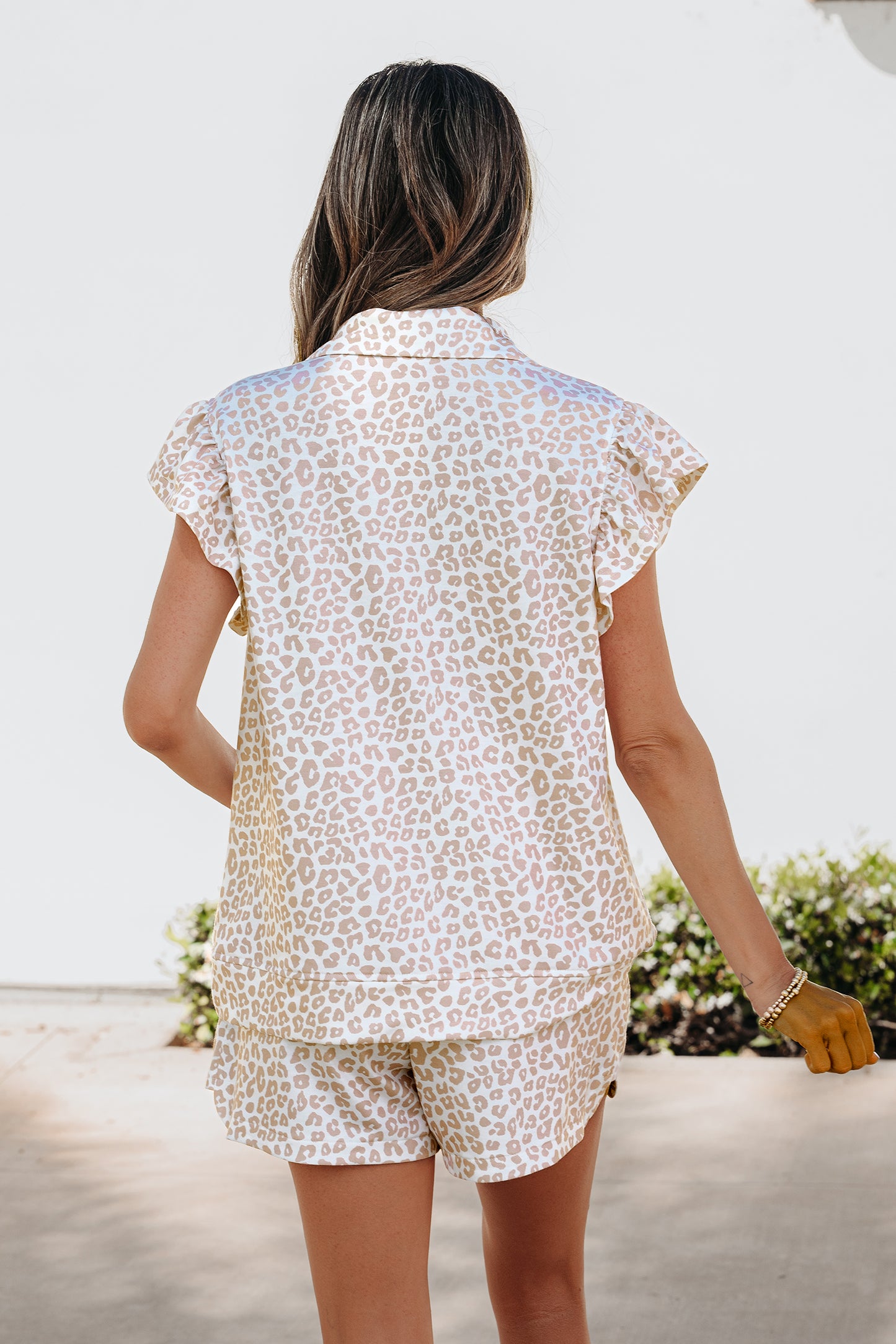 Beige Leopard Zip Polo Top 2pcs Short Set