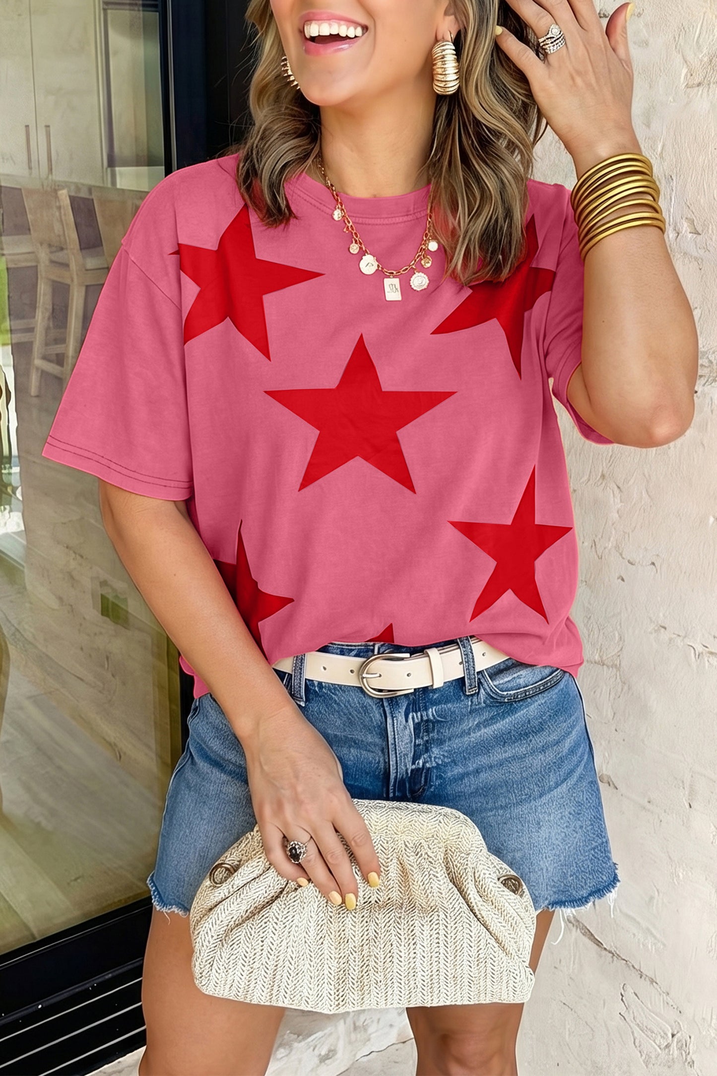 Red Independence Day Star Printed Mineral Wash T Shirt