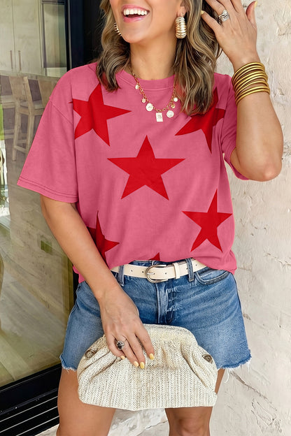 Red Independence Day Star Printed Mineral Wash T Shirt