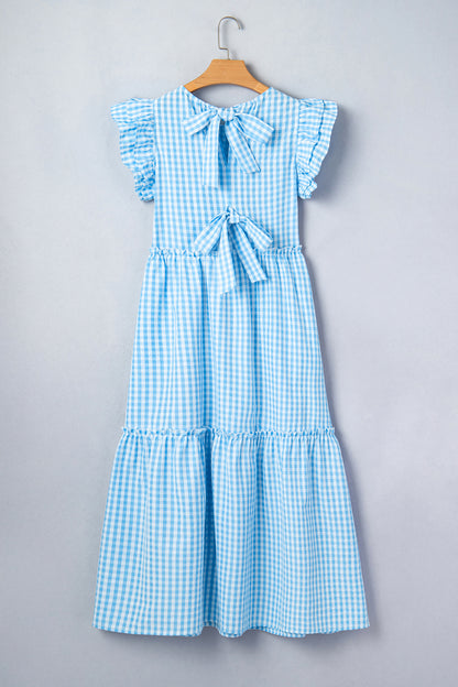 Sky Blue Knot Back Ruffled Short Sleeve Gingham Maxi Dress