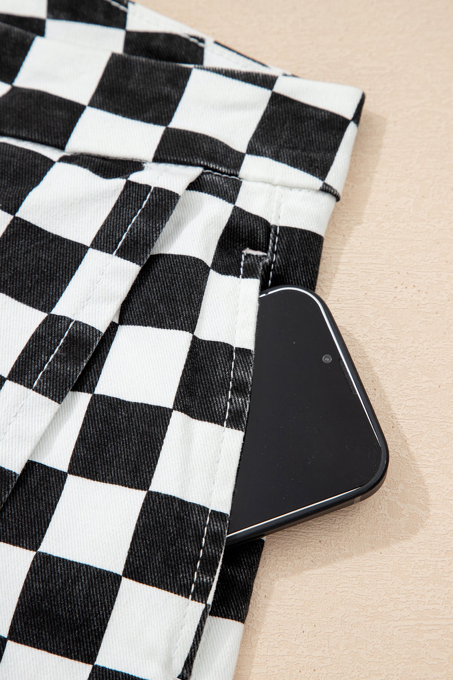 Black Checkered Print Overlap Denim Shorts