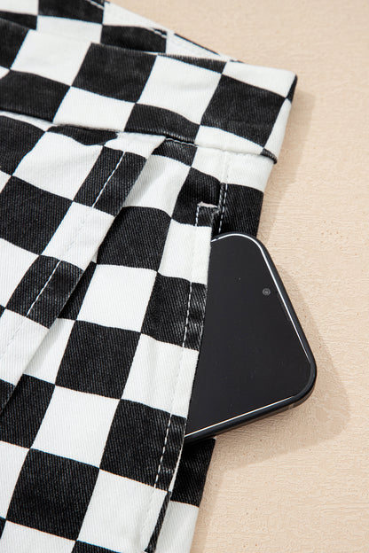 Black Checkered Print Overlap Denim Shorts
