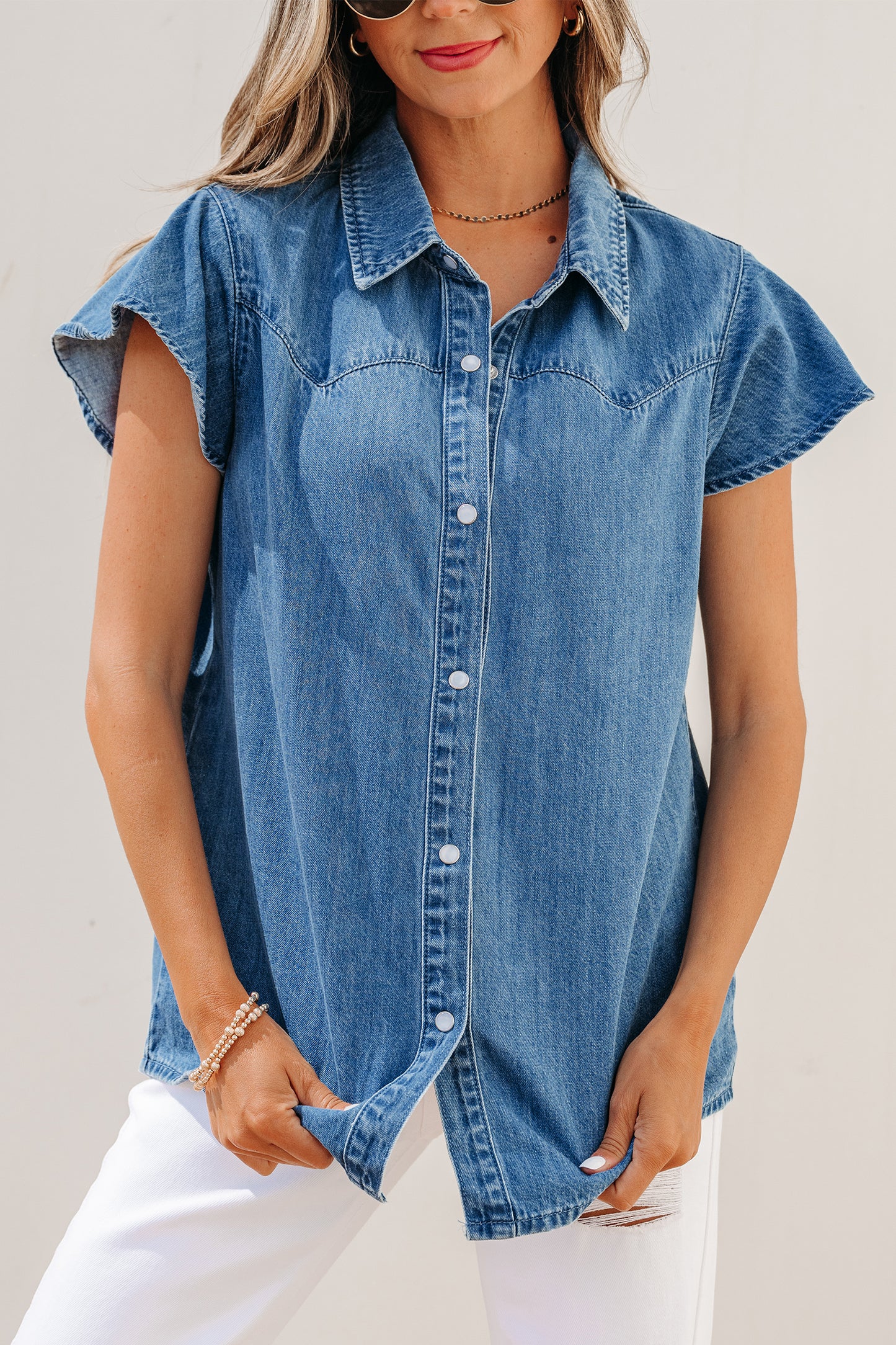 Dusk Blue Ruffled Short Sleeve Denim Shirt
