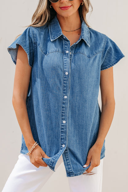 Dusk Blue Ruffled Short Sleeve Denim Shirt