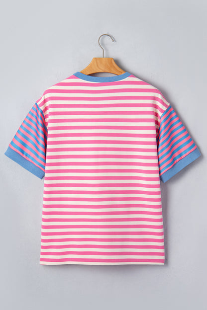 Pink Stripe Contrast Patchwork Short Sleeve Loose Tee