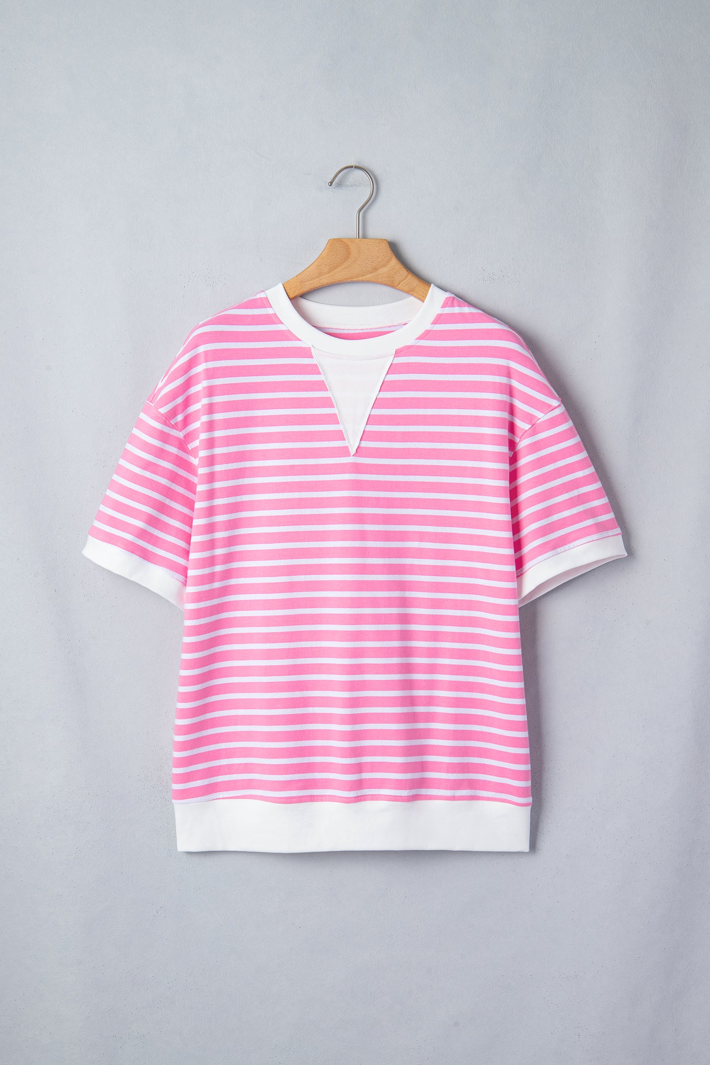 Pink Stripe Round Neck Drop Shoulder Short Sleeve Loose Top