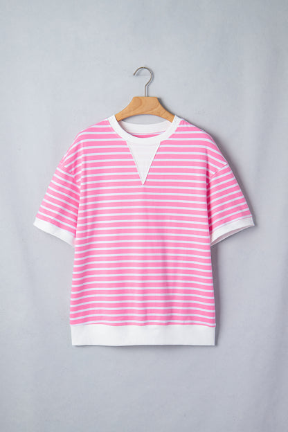 Pink Stripe Round Neck Drop Shoulder Short Sleeve Loose Top