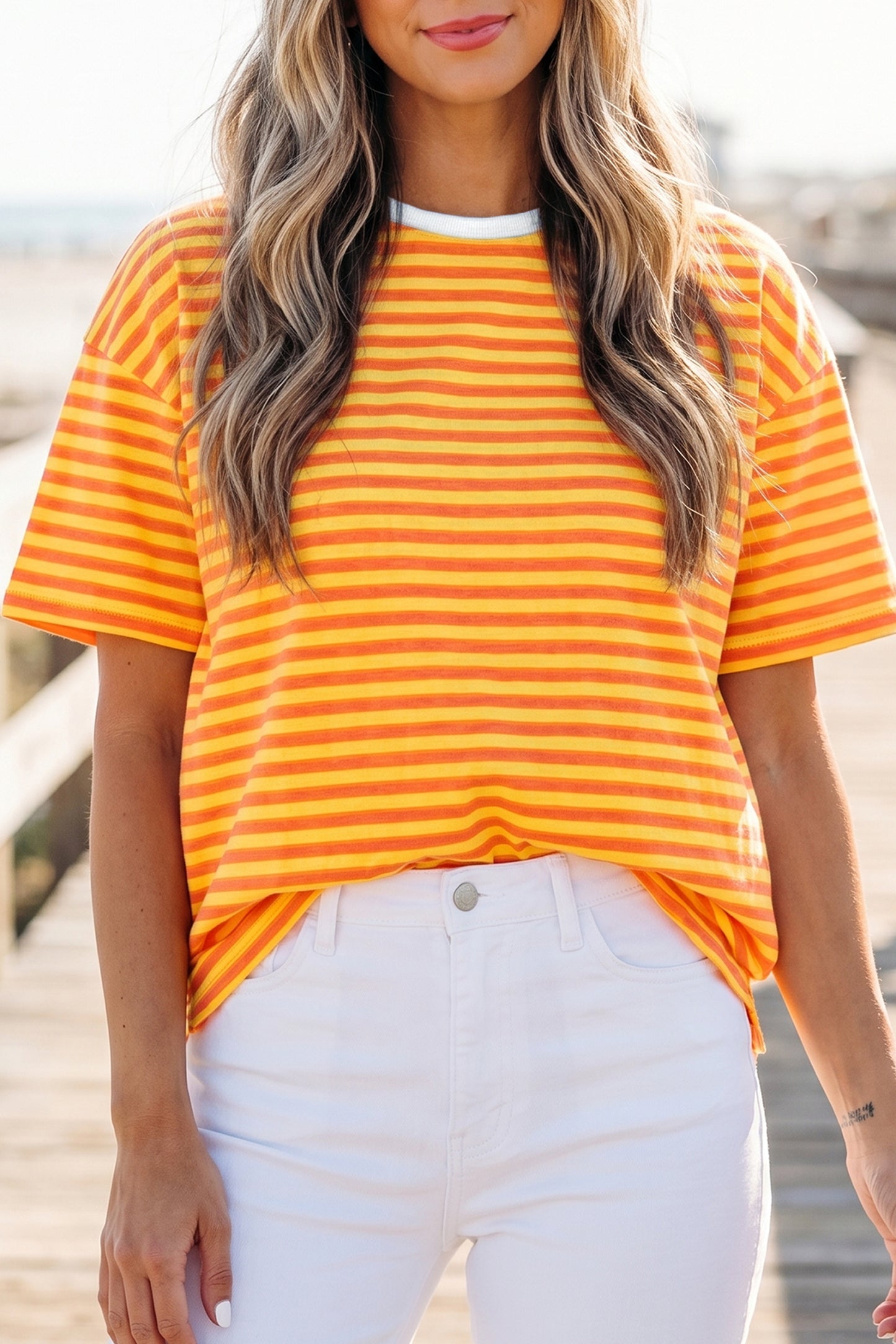 Orange Stripe Contrast Crew Neck Drop Shoulder Loose Tee
