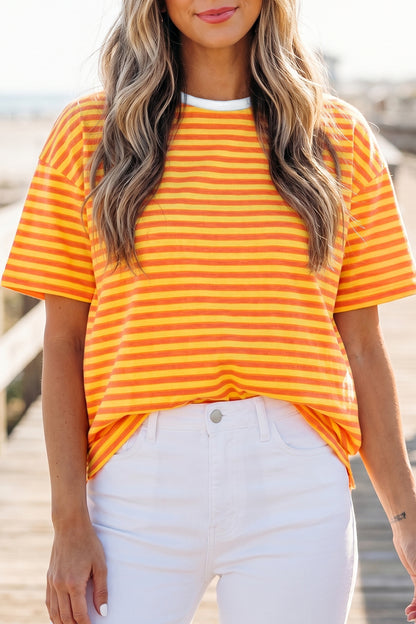 Orange Stripe Contrast Crew Neck Drop Shoulder Loose Tee