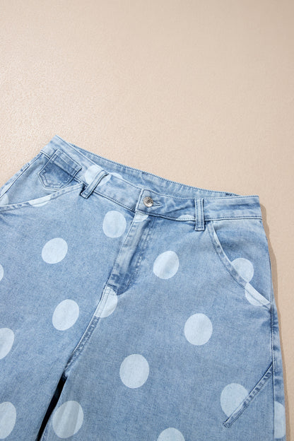 Sky Blue Polka Dot Ankle-Length Metal Button Casual Jeans