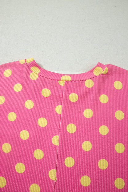 Pink Twisted Rib Polka Dot Print Plus Size T Shirt
