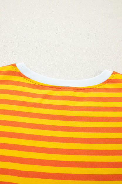 Orange Stripe Contrast Crew Neck Drop Shoulder Loose Tee