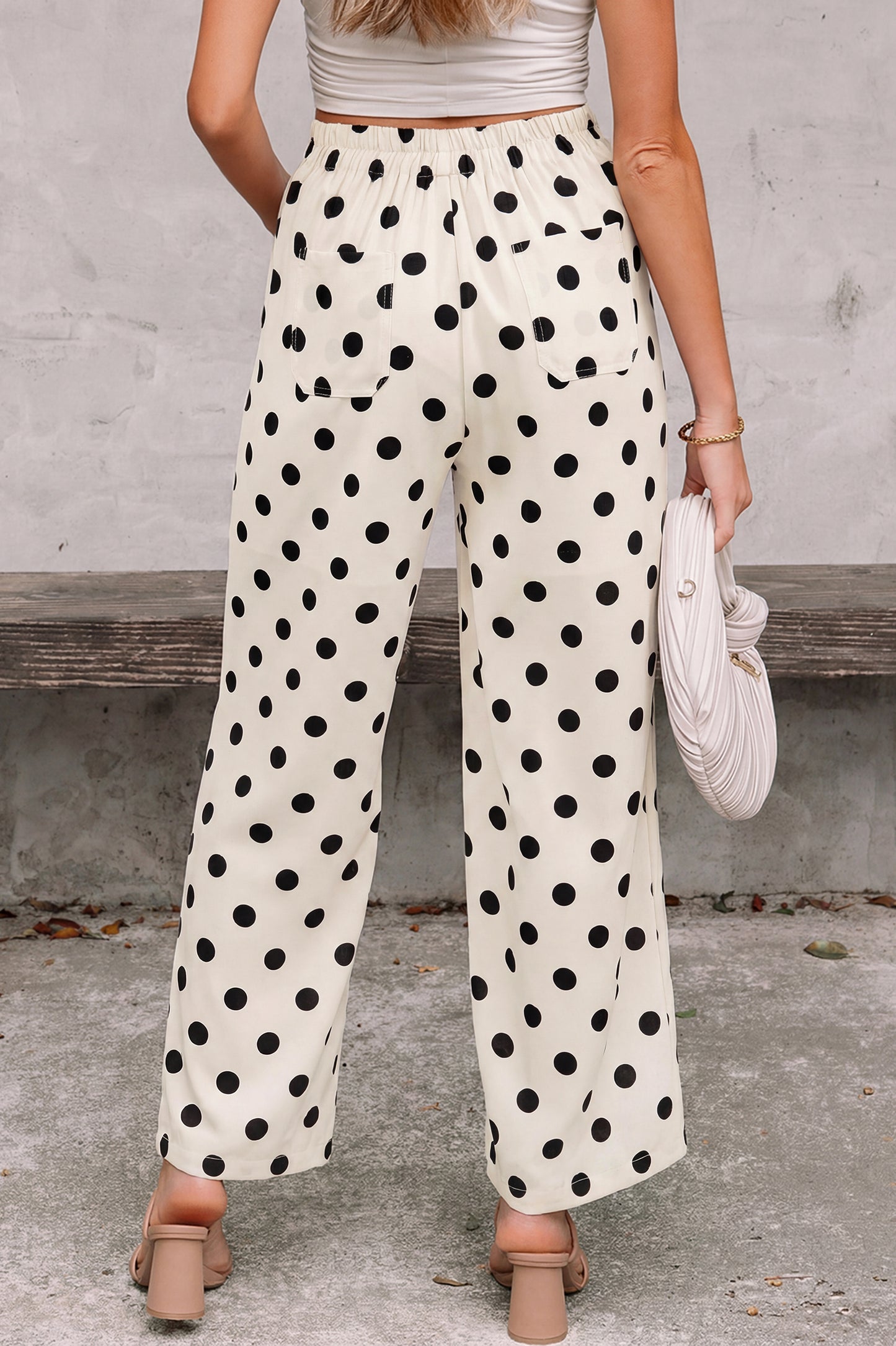 White Polka Dot Print Patched Pocket Mid-rise Straight Leg Pants