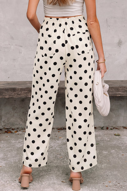 White Polka Dot Print Patched Pocket Mid-rise Straight Leg Pants