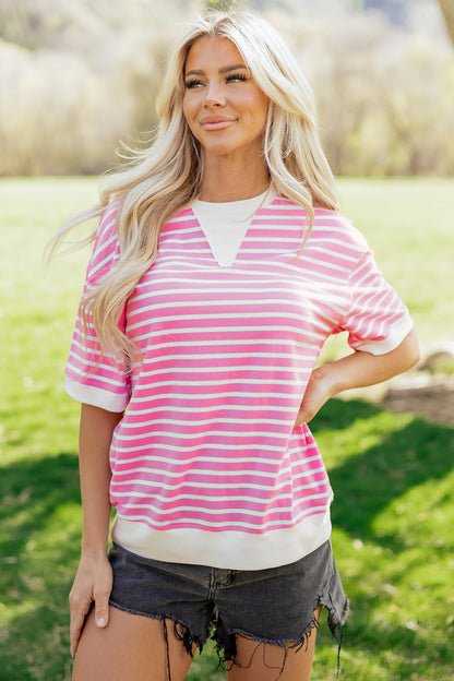 Pink Stripe Round Neck Drop Shoulder Short Sleeve Loose Top