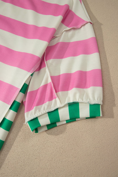 Pink Stripe Exposed Seam Contrast Patchwork Oversized Top