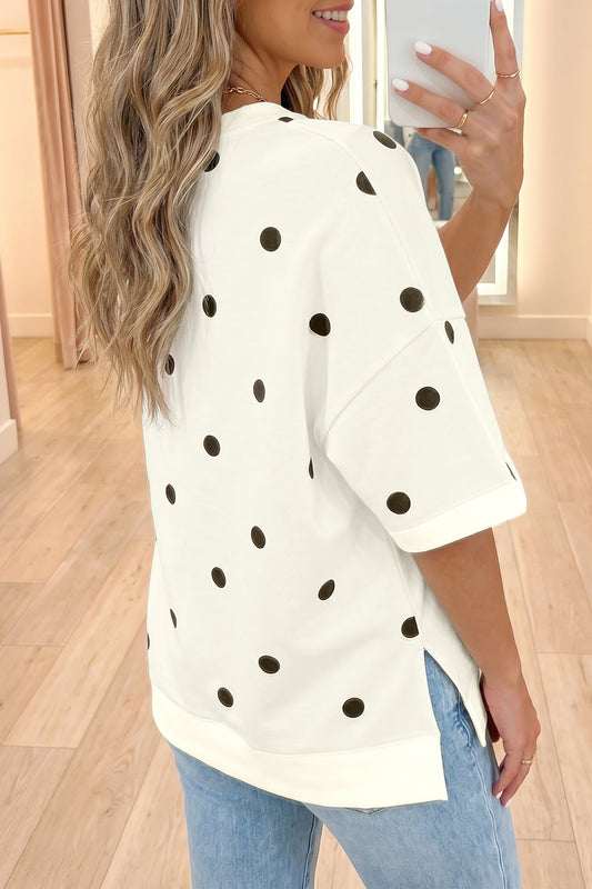 Beige Polka Dot Print Crossed Seam Detail Oversize Tee