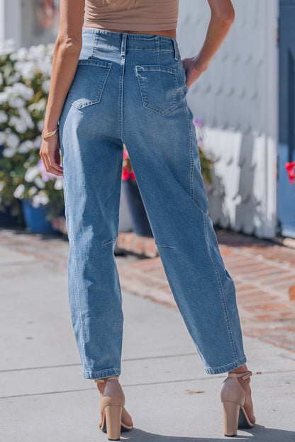 Sky Blue Medium Wash Cuffed Barrel Jeans