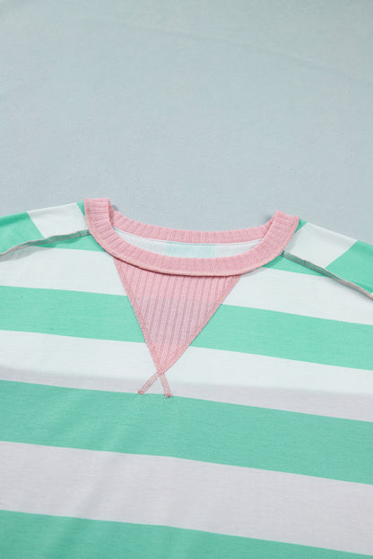 Green Stripe Exposed Seam Ribbed Patchwork Oversized Tee