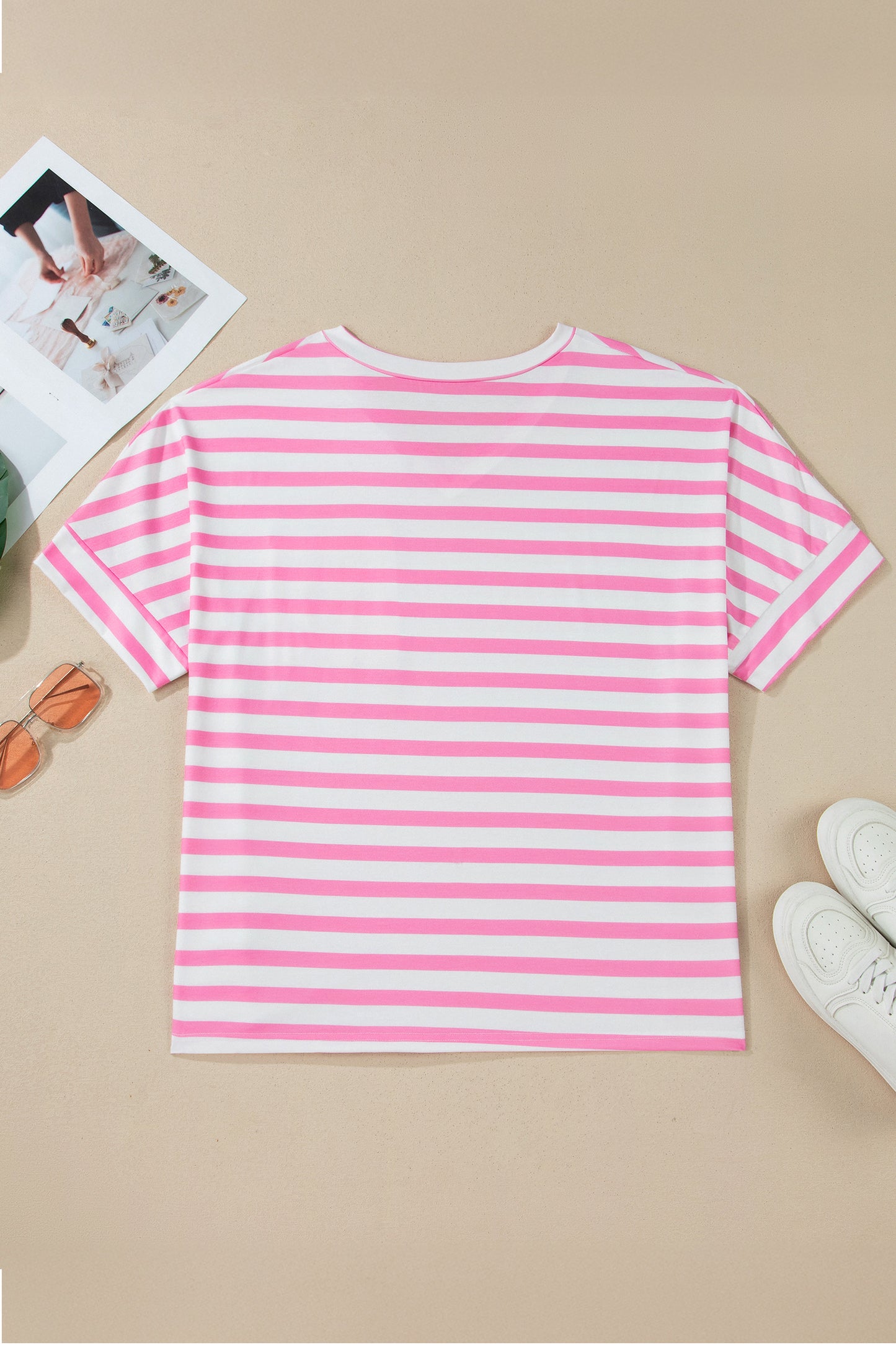 Pink Stripe Colorblock Patched Pocket V Neck Plus Size Tee