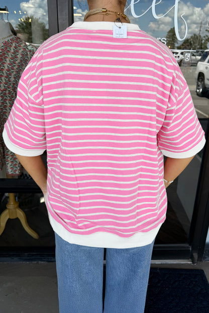 Pink Stripe Round Neck Drop Shoulder Short Sleeve Loose Top