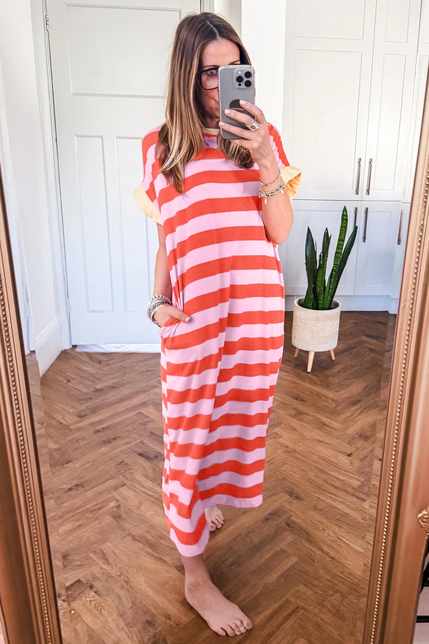 Rose Stripe Cuffed Short Sleeve Pocketed Casual T Shirt Long Dress