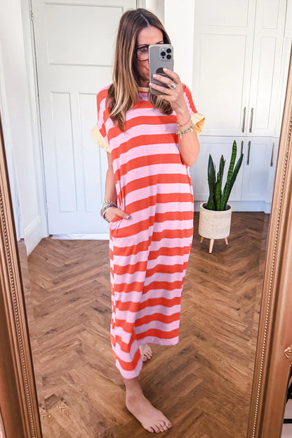 Rose Stripe Cuffed Short Sleeve Pocketed Casual T Shirt Long Dress