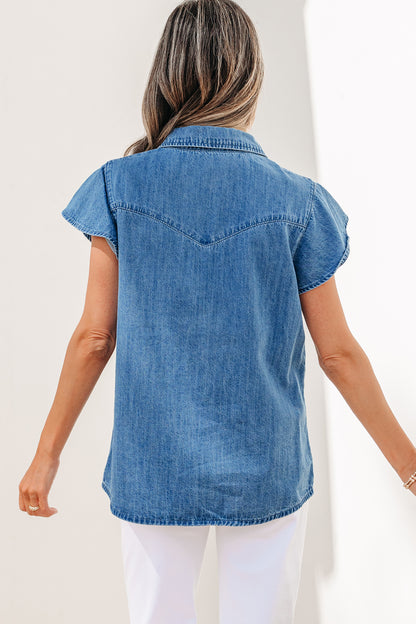 Dusk Blue Ruffled Short Sleeve Denim Shirt