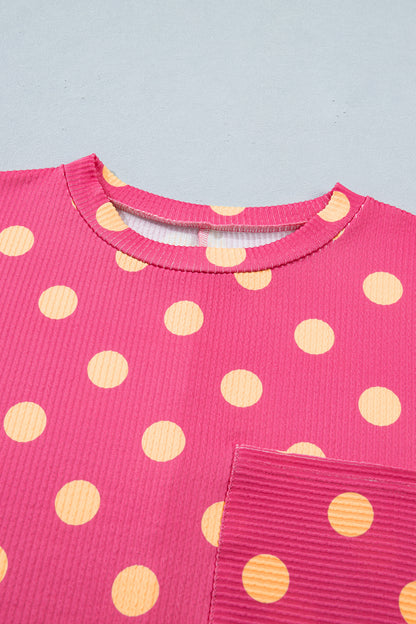 Pink Polka Dot Round Neck Drop Shoulder Patch Pocket Jacquard Texture Top