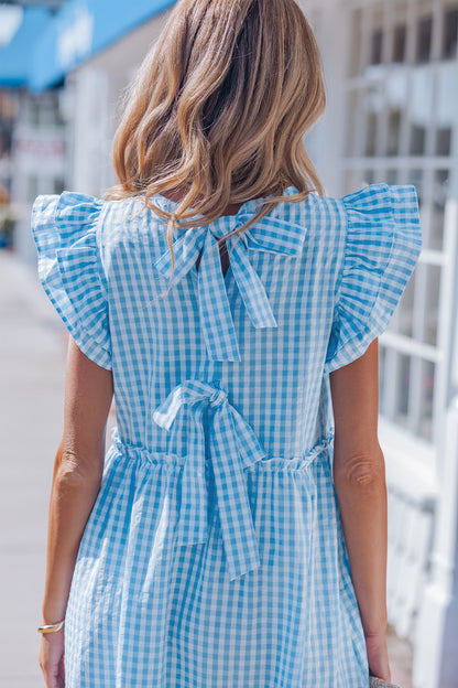 Sky Blue Knot Back Ruffled Short Sleeve Gingham Maxi Dress