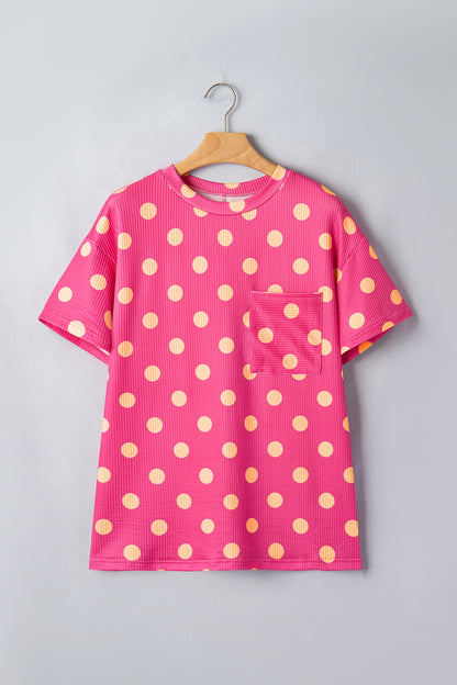 Pink Polka Dot Round Neck Drop Shoulder Patch Pocket Jacquard Texture Top